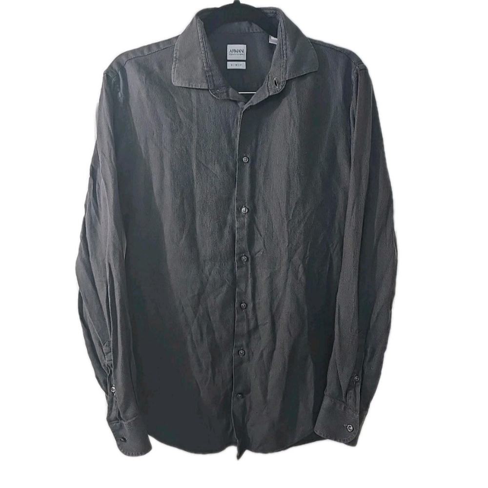 Armani Collezioni Mens‎ 41/16 R Gray W/ Green Tints Long Sleeve Button Up Shirt